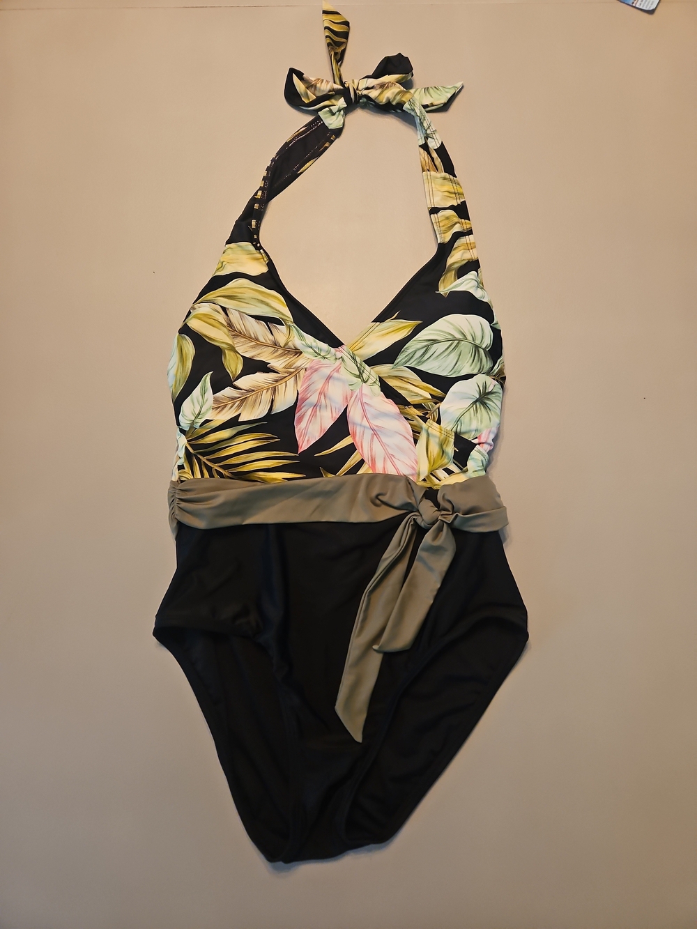 NWOT Black One-Piece Swimsuit with Tropical Leaf Print & Olive Tie Halter Floral